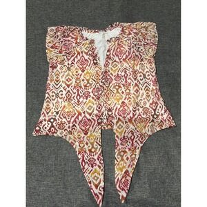 Haver + Blair Women's S Blouse Ikat‎ Button Front Tie Hem Flutter Slv Red Orange